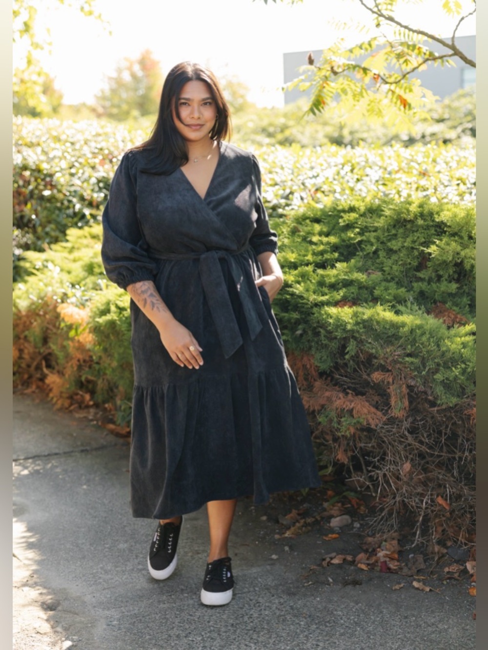 Smash & Tess Calista Corduroy Midi Dress in Soft Black L